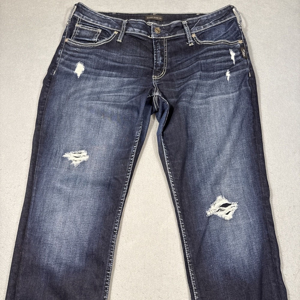 Silver Jeans Co Boyfriend Jeans Womens 32x29 Blue Distressed Stretch DARK WASH - Picture 3 of 8